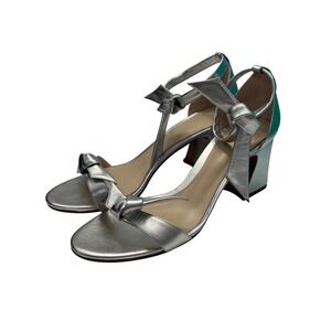 Alexandre Birman Clarita Silver Metallic Leather Bow Block Heel Sandals Size 40